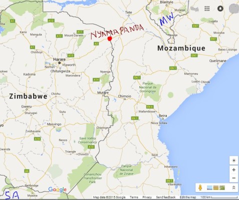 map showing location of Nyamaponda Border Post between Zimbabwe and Mozambique